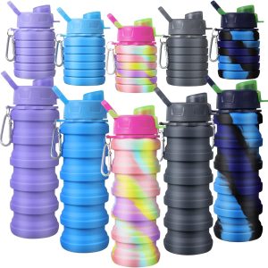 CHENGU 5 Pcs Collapsible Water Bottles 16 oz Portable Foldable Water Bottles Silicone Leak Proof Travel Water Bottle Reusable Sports Water Bottle with Metal Clip for Camping Hiking Travel (Colorful)