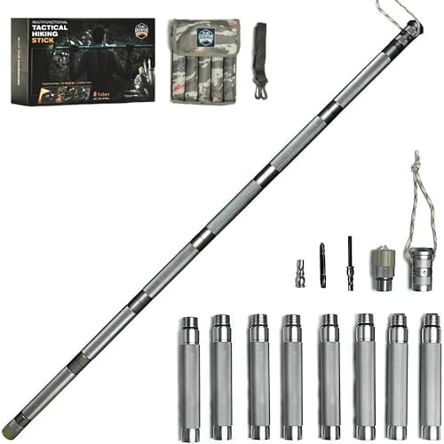 Hiking Tactical Stick Walking Staff - Outdoor Multitool Gear Trekking Pole Collapsible Retractable Premium 15 in 1 | 8 Tubes